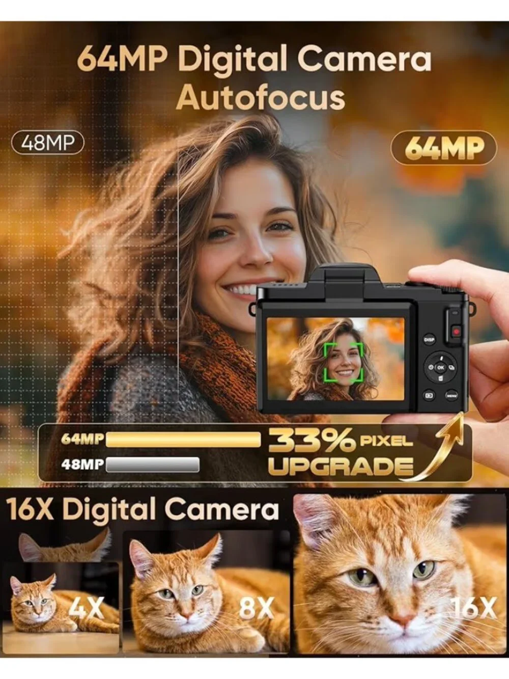 4K Digital Camera for Photography with WiFi, 64MP Autofocus 16XZoom Vlogging Cam
